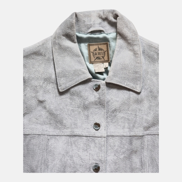 Vintage A.M.I. Suede Leather Jacket L Gray Satin Lined Western Y2K 90s - Picture 9 of 16